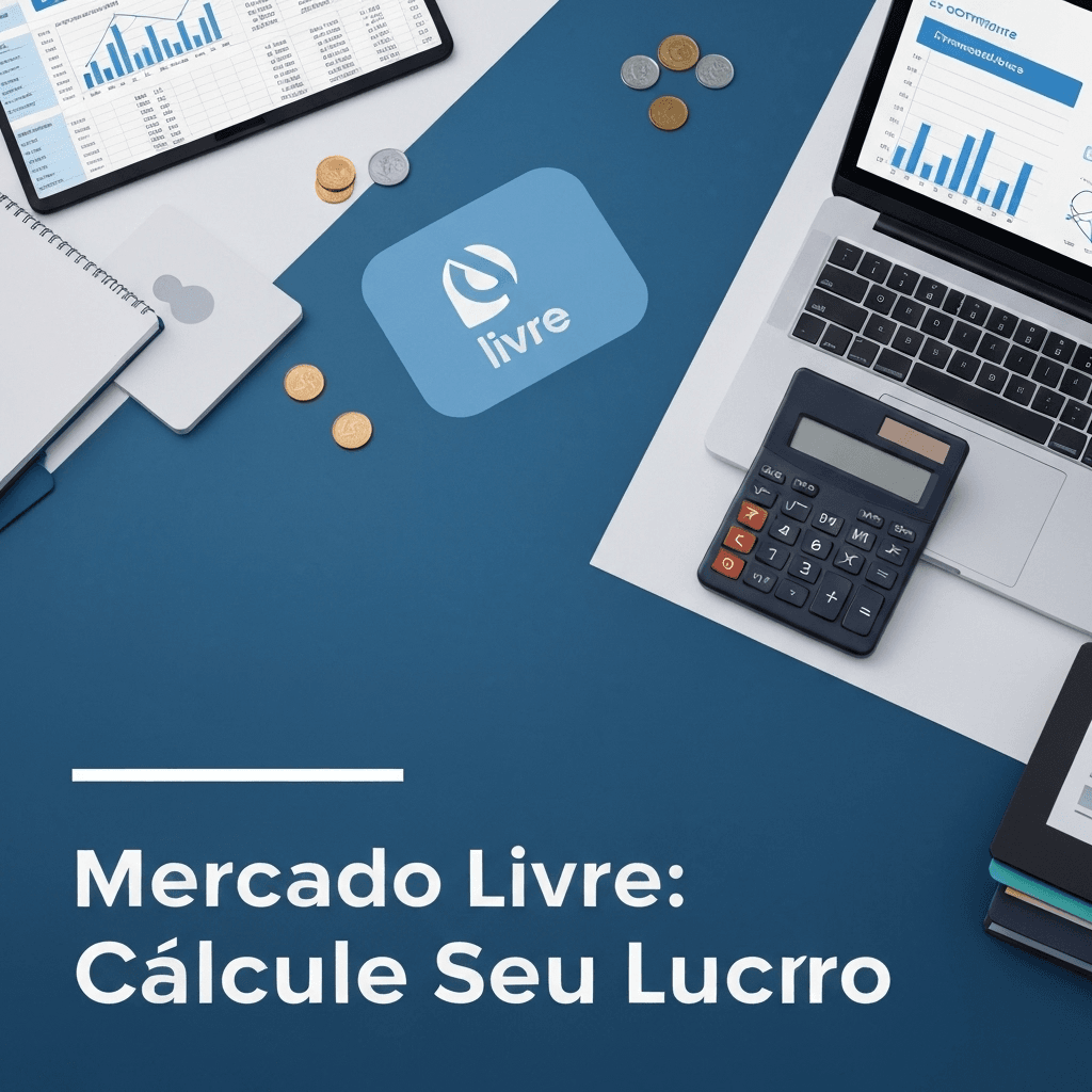 Uma imagem profissional de uma mesa de trabalho com um laptop exibindo gráficos financeiros, uma calculadora e moedas, simbolizando o cálculo de custos e lucros para vendedores. A imagem ilustra o artigo "Taxas e Comissões do Mercado Livre: Um Guia Detalhado para Vendedores".